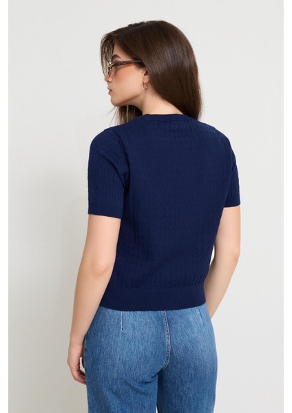 Lacivert Bisiklet Yaka Kısa Kollu Triko indirimleri
