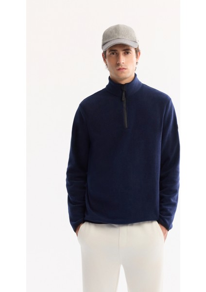 Erkek Lacivert Dik Yaka Fermuarlı Soft Touch Polar Regular Fit Sweatshirt E001068