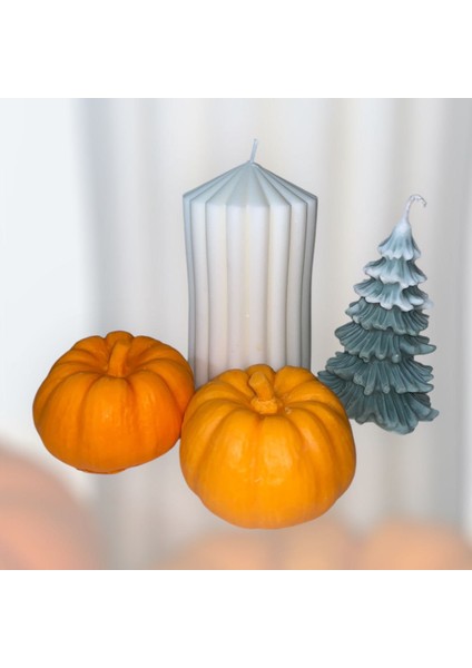 Bal Kabağı Mum (2’li) Çam Kokulu Çam Ağacı ve Şamdan Mum Dekoratif