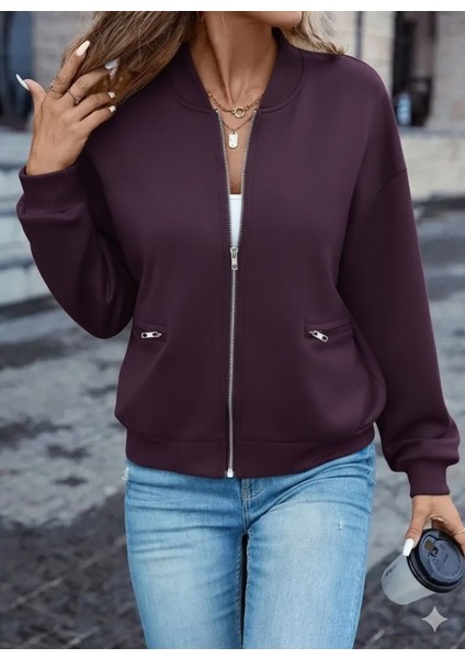 Kadın Uzun Kollu Önden Fermuarlı Cepli Modal Mürdüm Ceket fiyatları