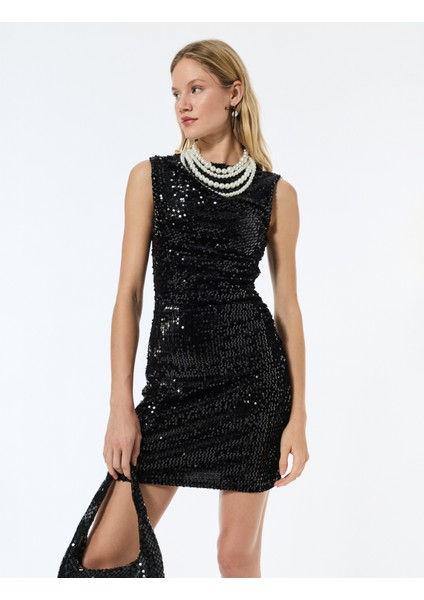 Drapeli Kolsuz Bisiklet Yaka Pullu Payetli Mini Elbise