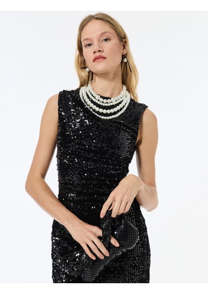 Drapeli Kolsuz Bisiklet Yaka Pullu Payetli Mini Elbise fiyatları