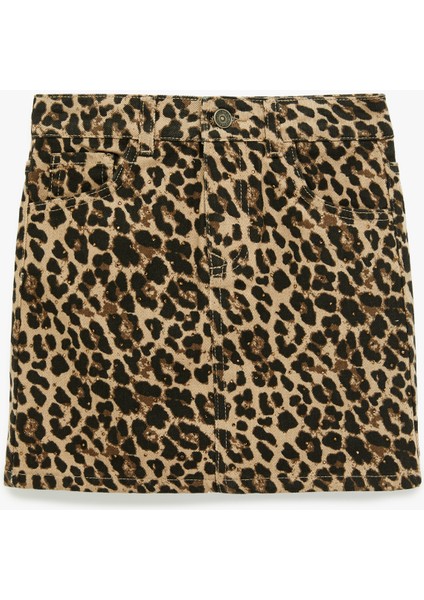 Leopar Desenli Taş Detaylı Pamuklu Denim Etek