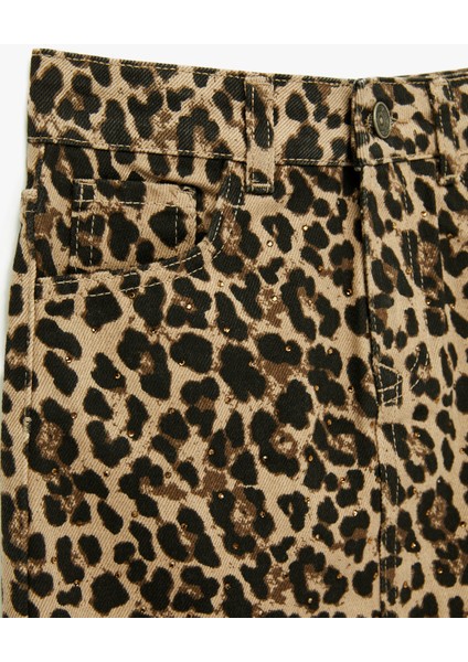 Leopar Desenli Taş Detaylı Pamuklu Denim Etek modelleri