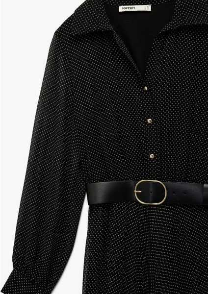 Düğmeli Kemer Detaylı Uzun Kollu Midi Pileli Puantiyeli Gömlek Elbise modelleri