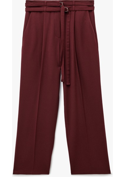 Cepli Çift Kemer Detaylı Düz Bol Paça Kumaş Pantolon