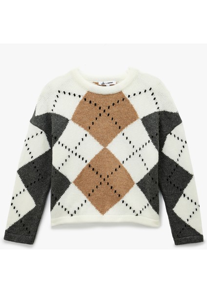 Uzun Kollu Bisiklet Yaka Baklava Desenli Triko Kazak