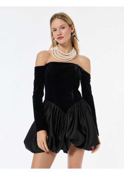 Omzu Açık Uzun Kollu Kadife Mini Balon Elbise