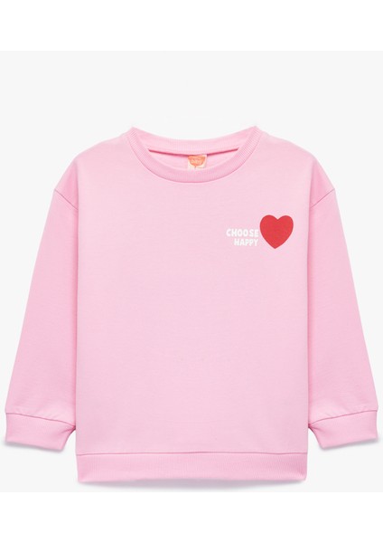 Uzun Kollu Bisiklet Yaka Kalp Baskılı Pamuklu Sweatshirt