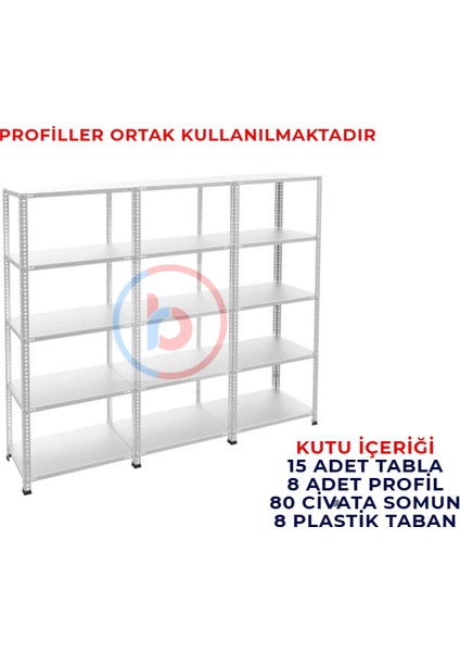 5 Katlı 3'lü Galvaniz Çelik Raf - Depo, Arşiv, Kiler, Dosya, Market Rafı - 31x75 cm-150 cm-1.00 mm