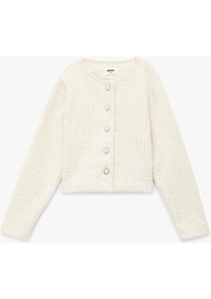 Düğmeli Uzun Kollu Bisiklet Yaka Crop Tüvit Ceket