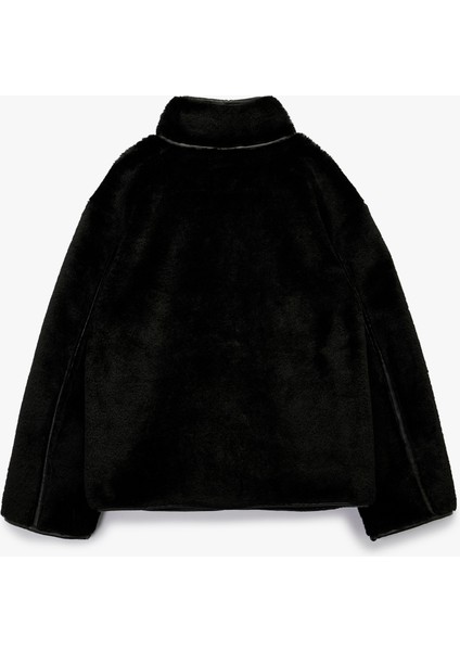 Dik Yaka Kaban Peluş Biye Detaylı Düğmeli Uzun Kollu fırsatları