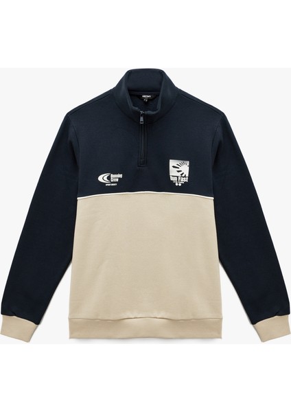 Regular Fit Baskılı Renk Bloklu Yarım Fermuarlı Sweatshirt