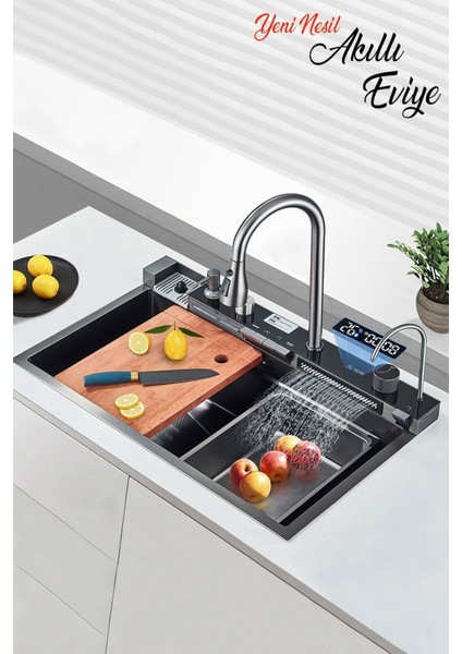 Akıllı Evye Seti Dijital Tuşlu Endüstriyel Mutfak Lavabo Musluk Batarya Teknolojik Yeni Nesil Eviye