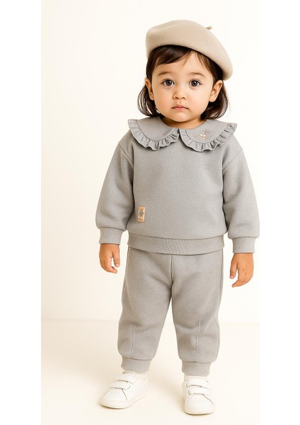 Kız Çocuk Fırfır Yaka 3 Iplik Şardonlu Eşofman Takımı – Gri 10713 modelleri