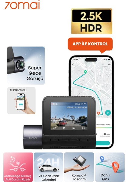 70MAİ 2.5k Araç Kamerası A410 Ön Kamera ( Sadece Ön Kamera ) Süper Gece Görüşü F1.55 Dahili Wi-Fi