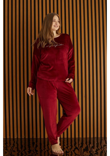Battal Fransız Kadife Uzun Kollu Kadın Pijama Takımı 4220-9