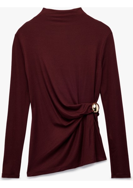 x Melis Ağazat - Slim Fit Uzun Kollu Dik Yaka Aksesuar Detaylı Tişört