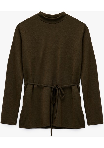 Slim Fit Uzun Kollu Hafif Dik Yaka Kemerli Tişört