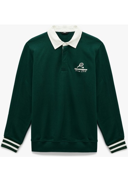 Regular Fit Renk Kontrastlı Çizgili Polo Yaka Baskılı Sweatshirt