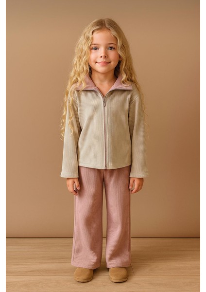 Kız Çocuk Rib Kumaş Fermuarlı Üst & Geniş Paça Alt Takım – Bej / Gül Kurusu 1411