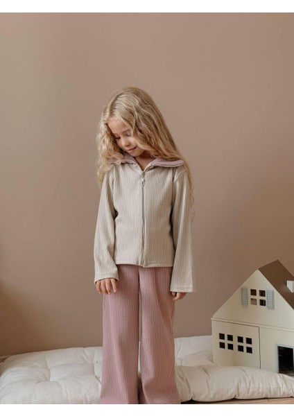 Kız Çocuk Rib Kumaş Fermuarlı Üst & Geniş Paça Alt Takım – Bej / Gül Kurusu 1411 fırsatları
