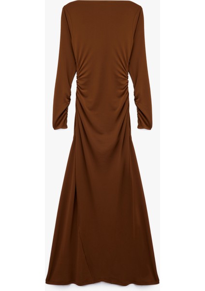 Slim Fit Drape Detaylı Uzun Kollu Kayık Yaka Uzun Elbise fiyatları