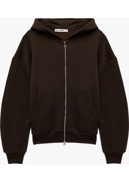 Şardonlu Kapşonlu Uzun Kollu Fermuarlı Sweatshirt