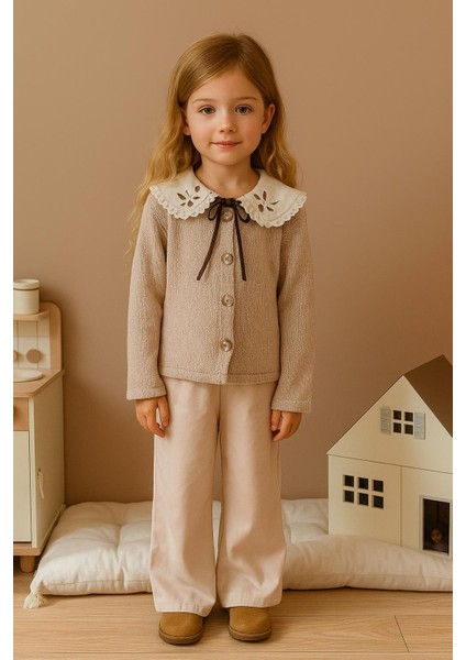 Kız Çocuk Dantel Yakalı Triko Hırka Takım – Yeni Sezon Şık Model 1411