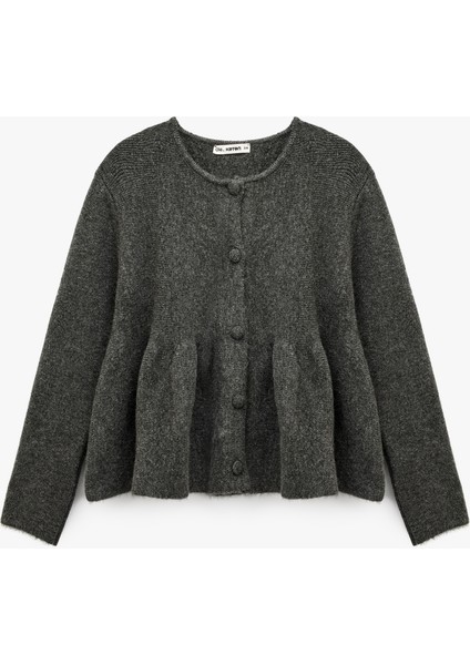 Düğmeli Uzun Kollu Bisiklet Yaka Volanlı Peplum Triko Hırka