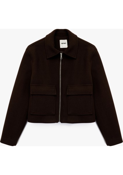 Cepli Uzun Kollu Fermuarlı Crop Kaşe Ceket