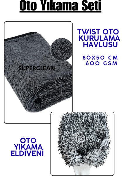 Oto Yıkama Seti - Oto Kurulama Havlusu 80X50 cm / 600 Gsm + Oto Yıkama Eldiveni