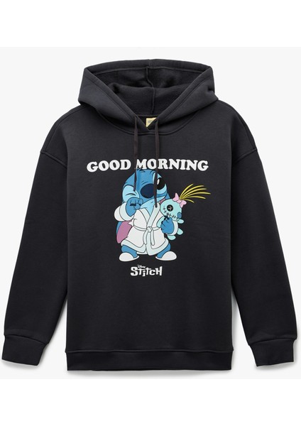 Stitch Lisanslı Kapüşonlu Uzun Kollu Baskılı Oversize Sweatshirt