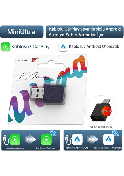 Mini 5.0 Ultra3 Kablosuz Carplay & Android Auto Adaptörü Dual Wifi Bt5.4 Otomatik Bağlantı Yeni Seri 2026 fiyatları