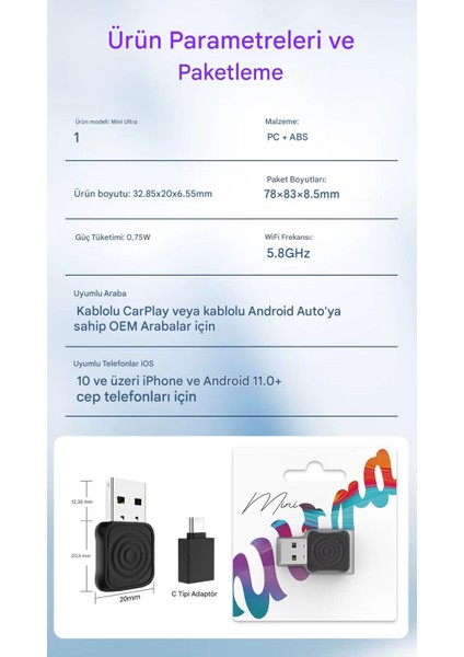 Mini 5.0 Ultra3 Kablosuz Carplay & Android Auto Adaptörü Dual Wifi Bt5.4 Otomatik Bağlantı Yeni Seri 2026 indirimleri