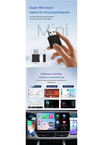 Mini 5.0 Ultra3 Kablosuz Carplay & Android Auto Adaptörü Dual Wifi Bt5.4 Otomatik Bağlantı Yeni Seri 2026