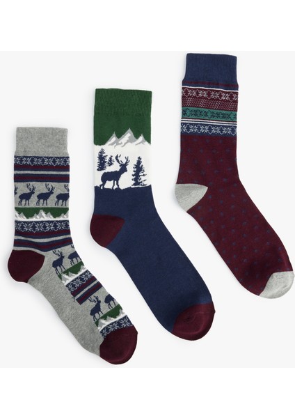 Çok Renkli Yılbaşı Temalı Pamuklu 3'lü Soket Çorap Seti