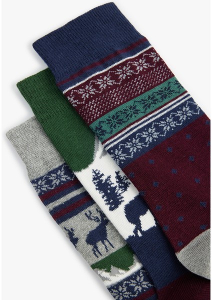 Çok Renkli Yılbaşı Temalı Pamuklu 3'lü Soket Çorap Seti modelleri