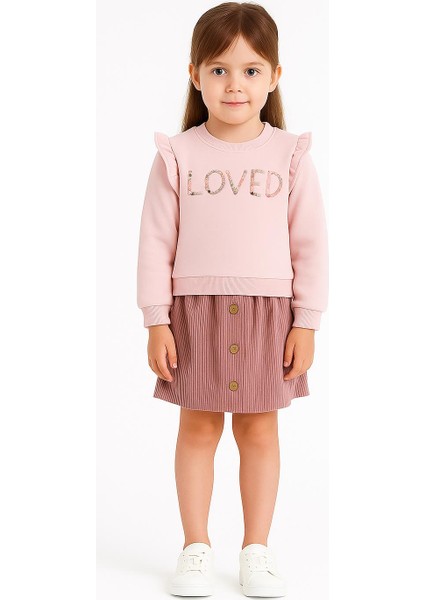 Loved Nakışlı Pembe Şardonlu Üst & Kadife Düğmeli Etek Kız Çocuk Takımı 10758