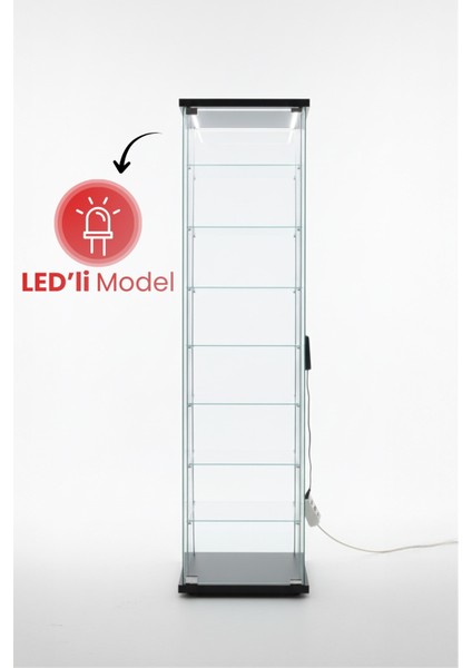 7 RAFLI LEDLİ CAM VİTRİN SİYAH (Gümüşlük, Büfe, Koleksiyon, Sunu, Sergi, Kitaplık) fiyatları