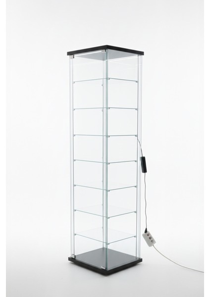 7 RAFLI LEDLİ CAM VİTRİN SİYAH (Gümüşlük, Büfe, Koleksiyon, Sunu, Sergi, Kitaplık) modelleri