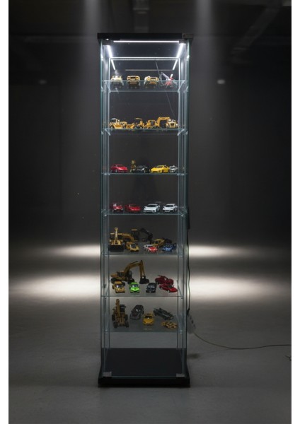 7 RAFLI LEDLİ CAM VİTRİN SİYAH (Gümüşlük, Büfe, Koleksiyon, Sunu, Sergi, Kitaplık) indirimleri