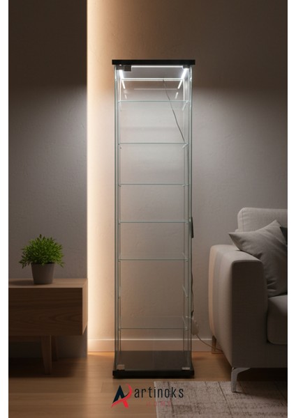 7 RAFLI LEDLİ CAM VİTRİN SİYAH (Gümüşlük, Büfe, Koleksiyon, Sunu, Sergi, Kitaplık)