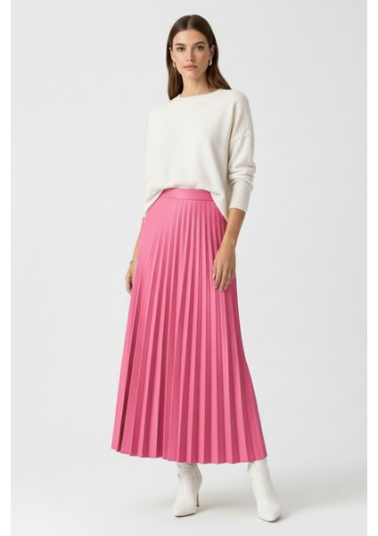 Deri Görünümlü Piliseli Pembe Maksi Etek