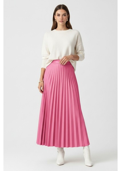 Deri Görünümlü Piliseli Pembe Maksi Etek fırsatları