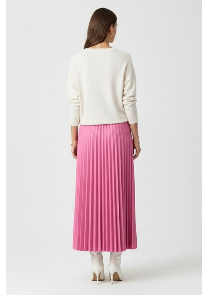 Deri Görünümlü Piliseli Pembe Maksi Etek indirimleri