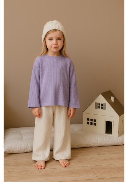 Kız Çocuk Ribana Üst & Palazzo Pantolon Takım – Lila Oversize Model 1411 fiyatları