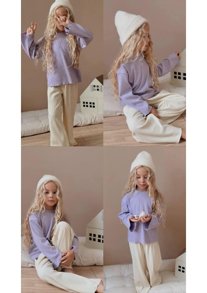 Kız Çocuk Ribana Üst & Palazzo Pantolon Takım – Lila Oversize Model 1411 indirimleri