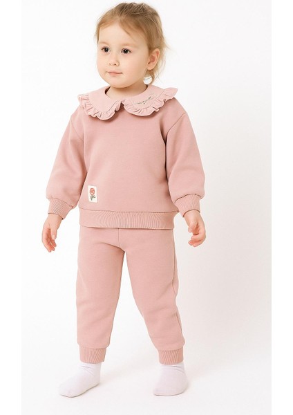 Kız Çocuk Fırfır Yaka 3 Iplik Şardonlu Eşofman Takımı – Pudra 10713 indirimleri