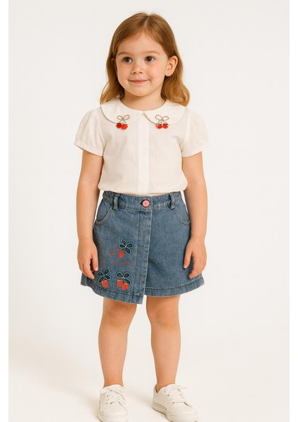 Kız Çocuk Kiraz Nakışlı Jean Şortlu Bluz Takım – Yazlık Şık Kombin 2733 fiyatları